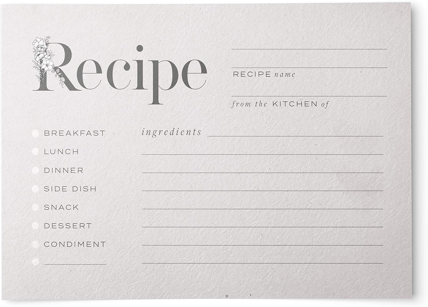 Rustic Vintage Floral Recipe Cards: 48 Cards, 4x6 inches, Beige-Grey, Water-Resistant and Double-Sided