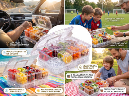 FZBJS Chilled Snackle Box Container with Ice Tray - 8 Compartment Serving Tray with Lid & Handle, Leak-Proof & Odor-Free Snack Box, Portable Cold Food Platter for Picnic, Party, Travel, Road Trip