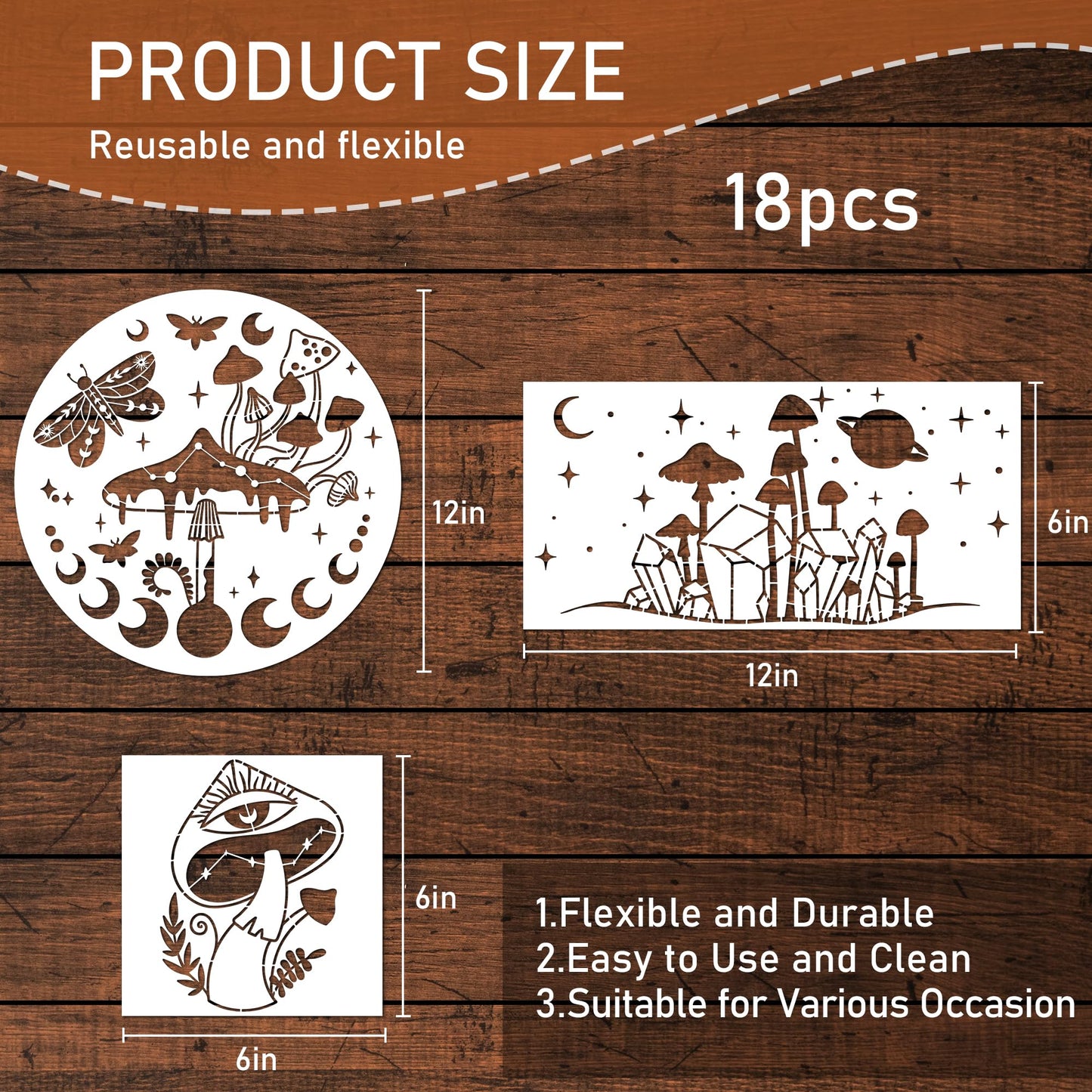Keluna Mushroom Stencils for Painting, 18 Pcs Bohemian Art Craft, 12 Inch Large Reusable Crescent Moon Phase Drawing Template for Wood Wall Canvas Home Decor