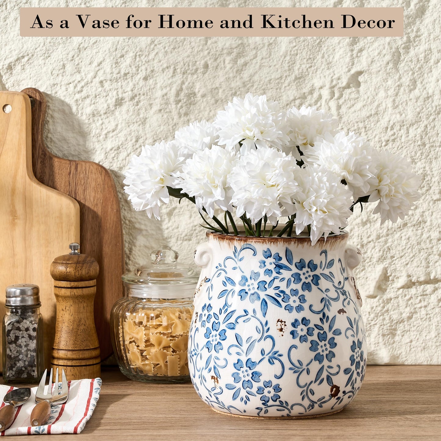 Utensil Holder for Kitchen Counter, Modern Farmhouse Rustic Cooking Utensil Holder and Crock, Exquisite Chinoiserie Floral Ceramic Utensil Organizer for Home Kitchen Decor- Blue and White Porcelain