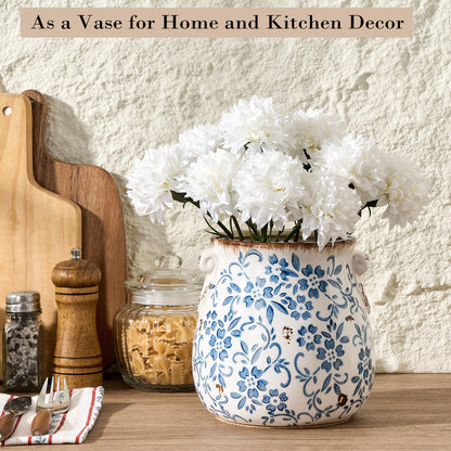 Utensil Holder for Kitchen Counter, Modern Farmhouse Rustic Cooking Utensil Holder and Crock, Exquisite Chinoiserie Floral Ceramic Utensil Organizer for Home Kitchen Decor- Blue and White Porcelain