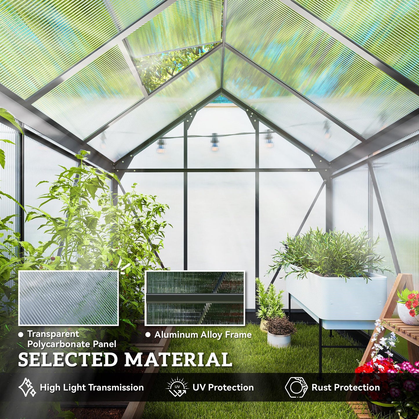 Outsunny 6' x 6' Greenhouse for Outdoors, Polycarbonate Greenhouse with Rain Gutter and Roof Vent, Aluminum Walk-in Green Houses for Outside for Patio Backyard Garden, Gray