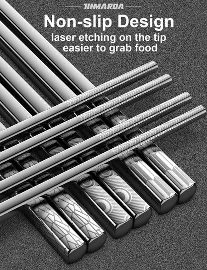 TINMARDA Metal Chopsticks Reusable 18/8 Stainless Steel Chopstick Sleek Engraving Patterns Chop Sticks Reusable Dishwasher Safe Non-Slip Japanese Korean ChopStick 5 Pairs Present Set