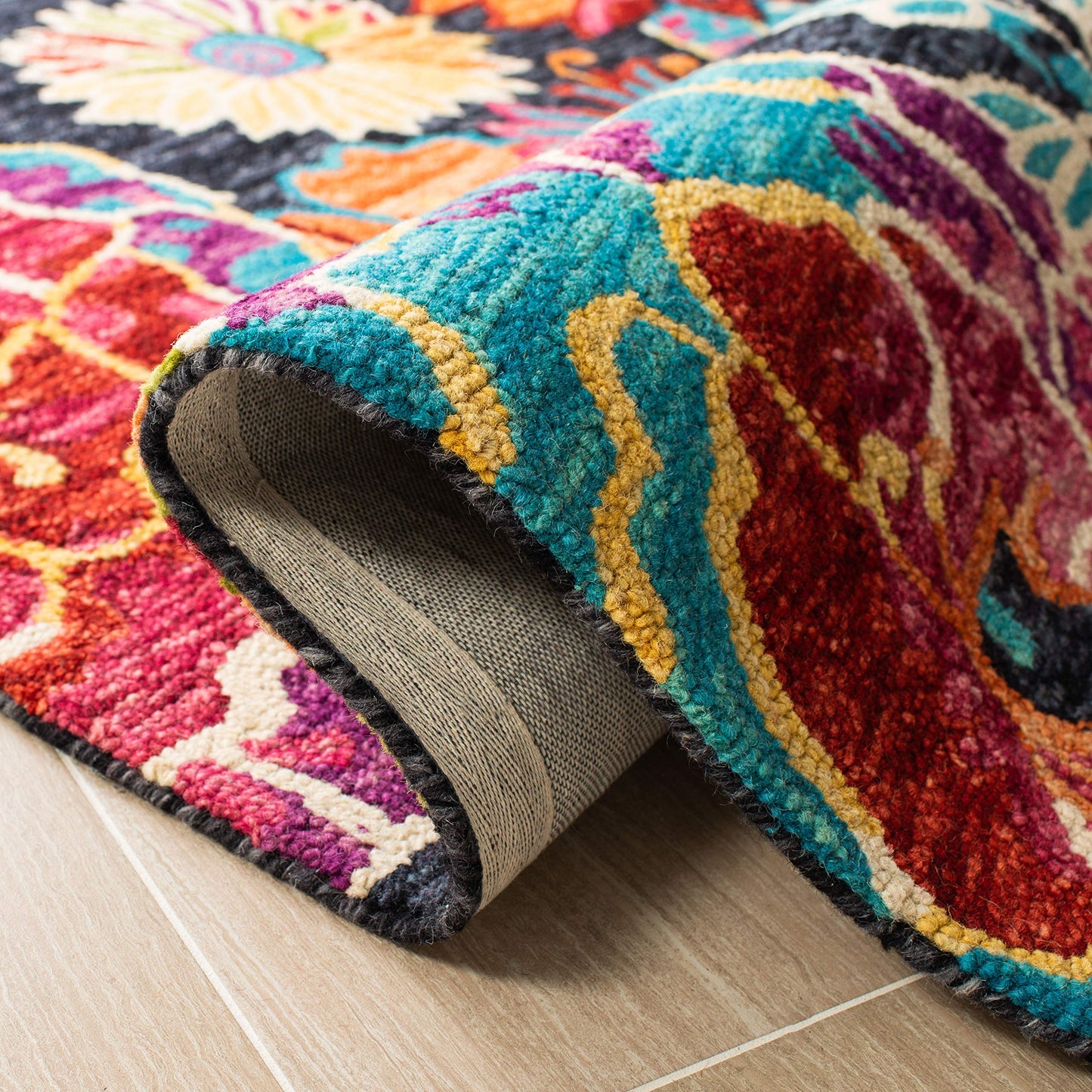 SAFAVIEH Aspen Collection Area Rug - 10' x 14', Charcoal & Blue, Handmade Boho Floral Wool, Ideal for High Traffic Areas in Living Room, Bedroom (APN520H)