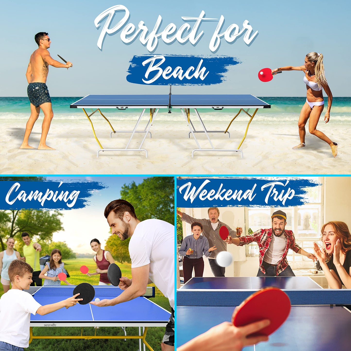 SereneLife Collapsible Full Size Ping Pong Table, 9’ x 5’ Regulation Fold-Flat Table Tennis, Hinged Panels for SUV Transport and Easy Storage, Portable Space-Saving Design, Net & Post Set Included