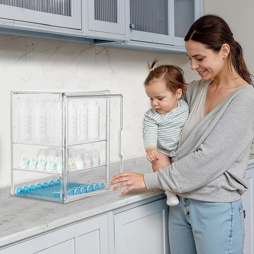 HBlife Baby Bottle Storage Organizer - 3-Tier Adjustable Clear Acrylic Station with Magnetic Door & Dividers | Large