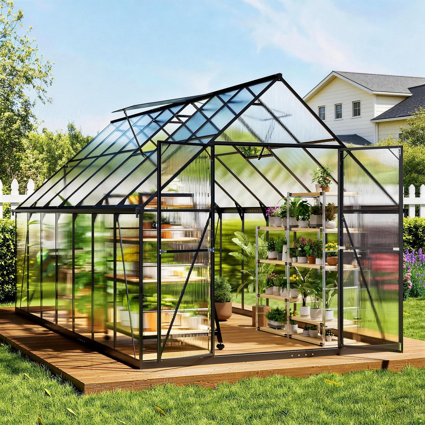 ASJMR 8×14 PC Outdoor Greenhouse, Green Houses for Outside with Aluminum Frame, Lockable Door & Adjustable Roof Vent - Heavy Duty Green Houses for Outside, Backyard, Garden, Patio Use (8×14)