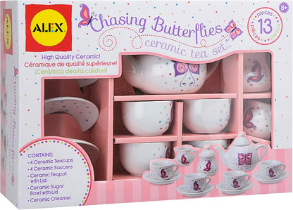 Set, 13 4 4 Alex Chasing Butterflies Ceramic Kids Tea Piece,Includes teacups, saucers, tea pot with lid, sugar bowl