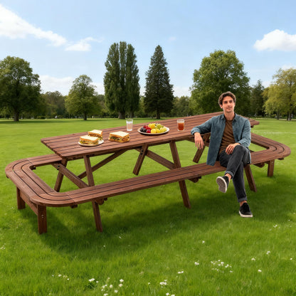 Voryvans 16 Person Wood Picnic Table with Attached Benches & Umbrella Hole,Rectangle Brown Outdoor Wooden Dining Table & Chairs for Patio Yard Garden Porch Deck