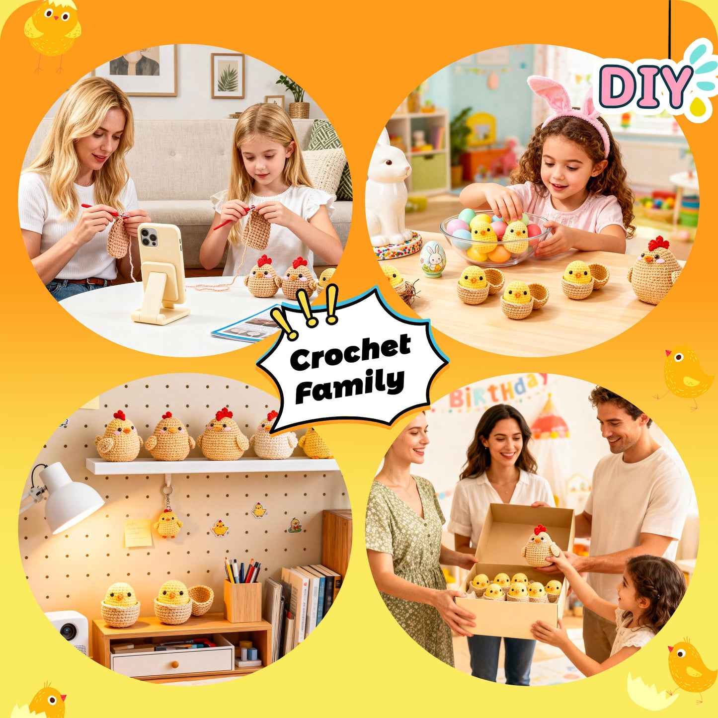 Joyclub Crochet Kit for Beginners 4 Pcs Chicken Family Amigurumi Crochet Starter Kits with Step-by-Step Video Tutorials DIY Craft Gift for Adults Kitting Lovers Mother Teacher Student
