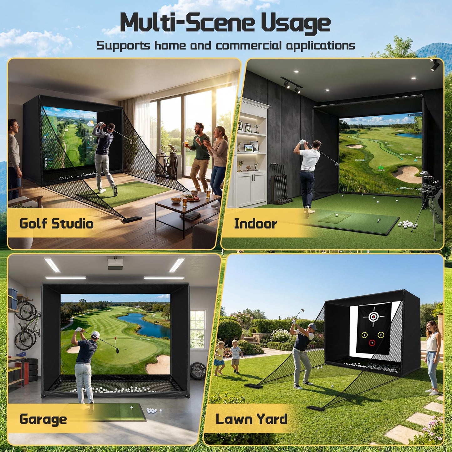 Golf Simulator Enclosure Net 10x8FT Golf Practice Simulator with HD Impact Screen Kit & Sturdy EPE Foam-Filled Frame Golfs Cage Net with Safety Side Nets for Home Indoor Setup