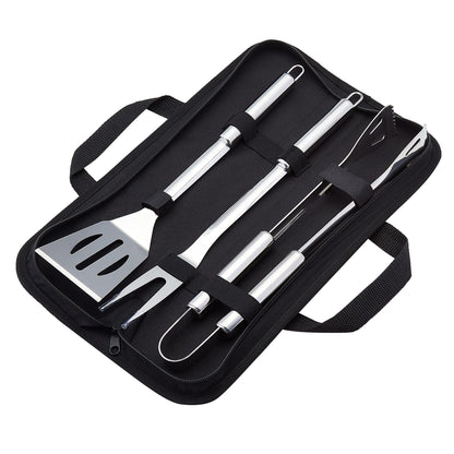 Amazon Basics 4-Piece Stainless Steel BBQ Grilling Tool Set with Carry Bag, Rust-Resistant, Dishwasher Safe