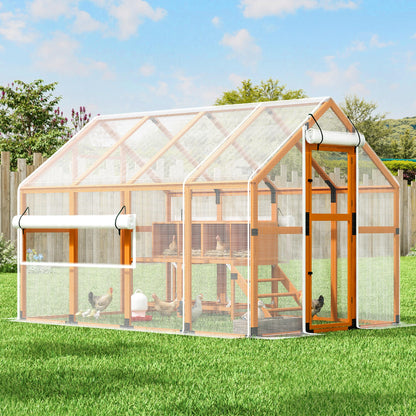 COZIWOW Chicken Coop with Full Waterproof Cover, 9' Extra Large Wooden Chicken House for 10-15 Chickens, 4 Nesting Boxes & Roosting Bars, Outdoor Walk-in Poultry Run, Orange