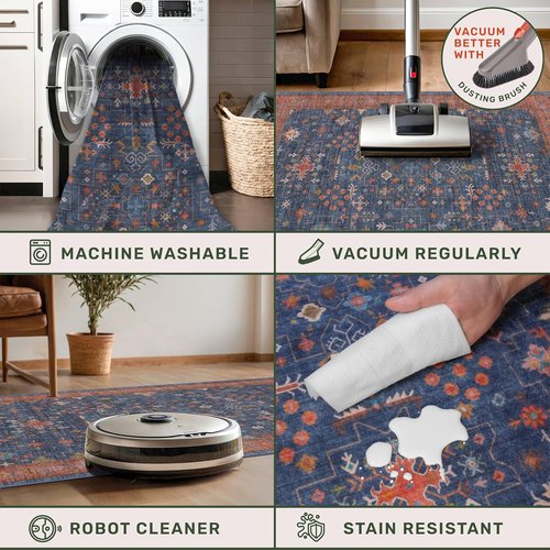 Hazo Haus Washable 2x4 Entry Rug - Non-Slip Rubber Backed Indoor Mat for Kitchen & Bathroom | Navy Blue Boho Décor