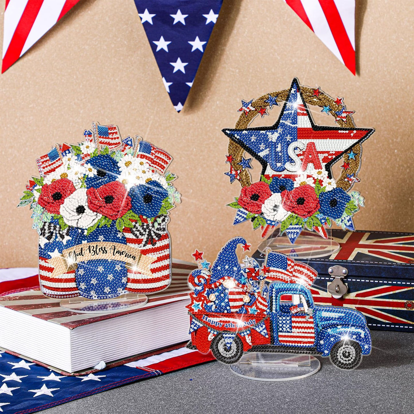 Frienda 3 Pcs 4th of July Diamond Art Patriotic Table Centerpieces Independence Day Diamond Table Decorations Red White Blue Tabletop Decor United States 250th Anniversary Home Decor