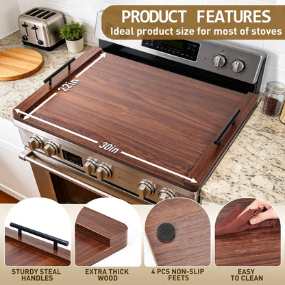 FUSOUBOTY Noodle Board Stove Cover with Handles, Wood Stove Top Covers for Electric Stove and Gas Burners, Wooden Decorative Serving Tray Kitchen Sink Cover for Counter Space (Walnut)