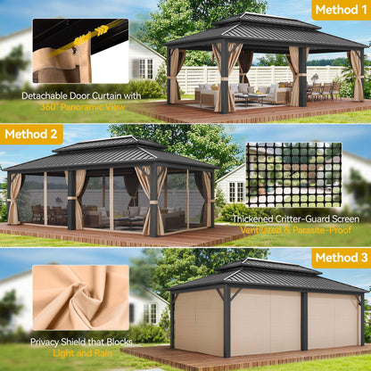 DWVO 20x12ft Aluminum Gazebo Hardtop Double Roof Canopy Outdoor Gazebo Galvanized Roof with Netting and Curtain Garden Tent for Patio, Backyard and Deck