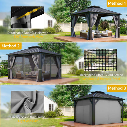 DWVO 12x12ft Metal Gazebo Hardtop Double Roof Canopy Outdoor Gazebo Galvanized Roof with Netting and Curtain Garden Tent for Patio, Backyard and Deck