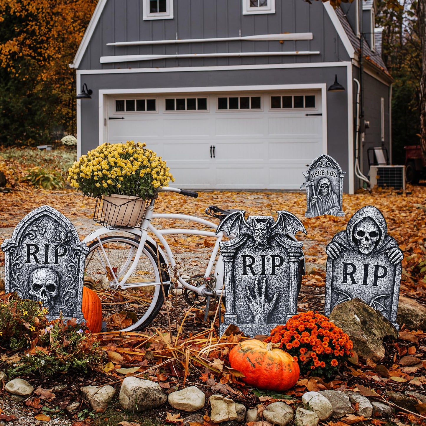 6 Pack Halloween Yard Signs Tombstone Set – 15 x 10 Inch Large Plastic Graveyard Decorations with Stakes, RIP Skull and Skeleton Tombstones for Lawn, Outdoor Haunted House and Party Decor