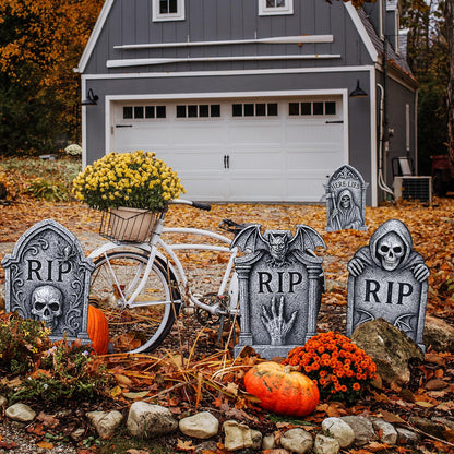 6 Pack Halloween Yard Signs Tombstone Set – 15 x 10 Inch Large Plastic Graveyard Decorations with Stakes, RIP Skull and Skeleton Tombstones for Lawn, Outdoor Haunted House and Party Decor