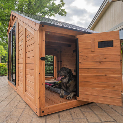 Backyard Discovery 7' x 5' Waggin' Retreat Cedar Wood Large Dog Kennel with Galvanized Steel Roof, Feeding Door, Doghouse Back Door, Water and Food Tray, Secure Lock Gate for Safe Outdoor Pet Shelter