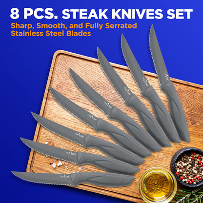 SereneLife Stainless Steel Knife Set, 8 Pcs. - Non-Stick Coating, Sharp Serrated Blades, Professional Kitchen Set, Rust-Resistant, Dishwasher Safe, Ideal for BBQ & Grilling, Gray