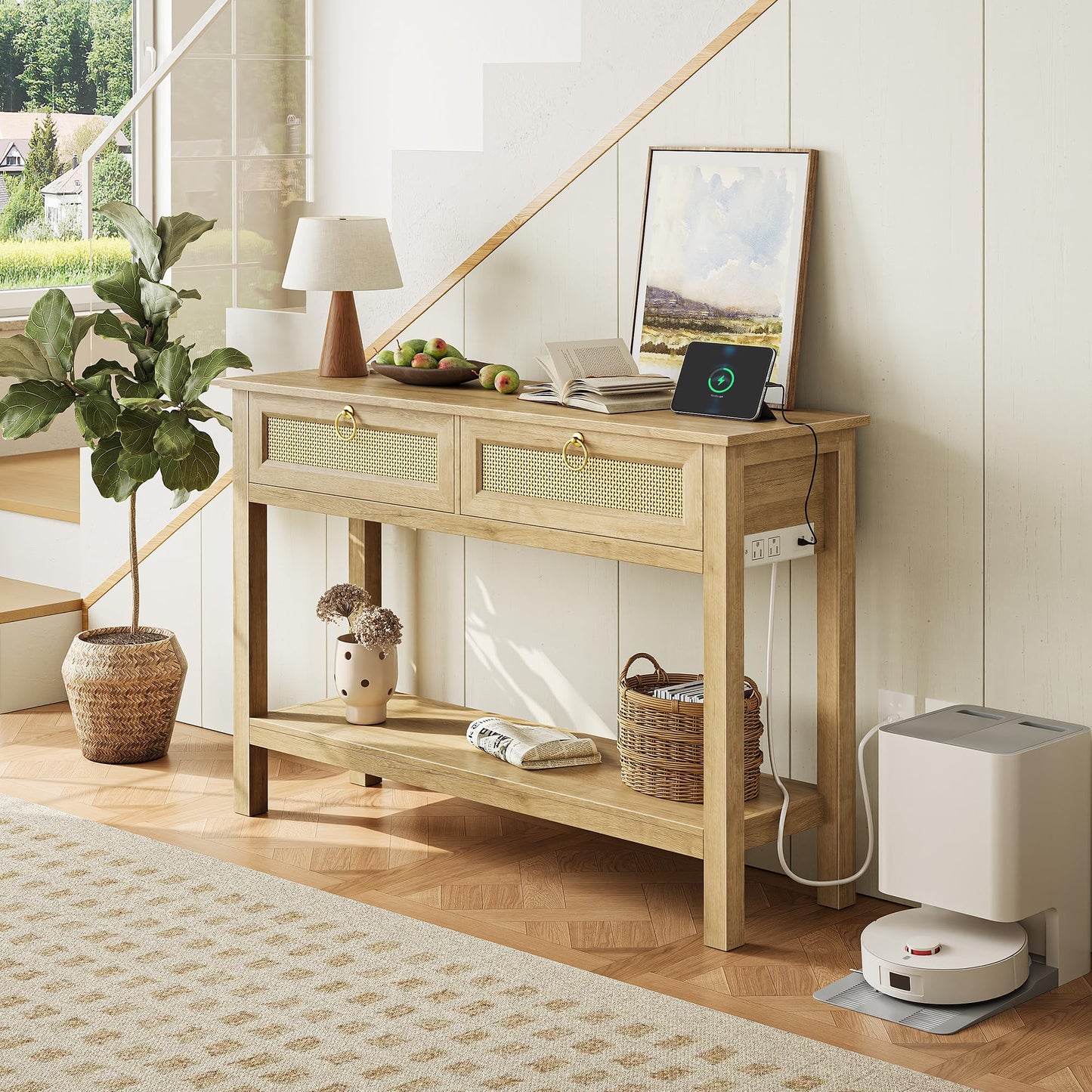 SUPERJARE Rattan Console Sofa Table with Outlets and USB-C Port, 2 Drawer Entryway Table with Synthetic Rattan Surface, 39 Inch, Open Shelf, Behind Couch Entry Foyer Hallway Storage, Natural