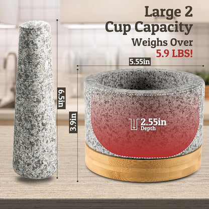 Heavy Duty Mortar and Pestle Set with Bamboo Base, Large 2 Cups Natural Granite Bowl for Guacamole and Masher
