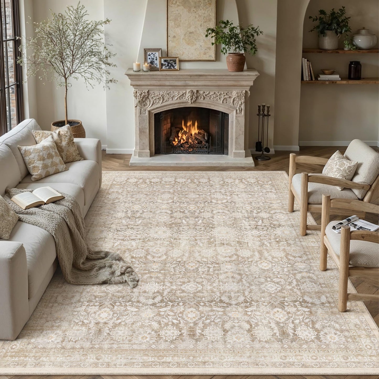 WondRg 9x12 Beige Washable Modern Area Rug Living Room Non Slip Low Pile Floral Extra Large Rug Vintage Traditional Stain Resistant Carpet Bedroom Office Indoor Playroom