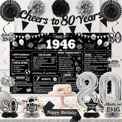 Holkcog 80th Birthday Decorations - Back In 1946 Poster & Banner Set with Balloons, Sash & Fans
