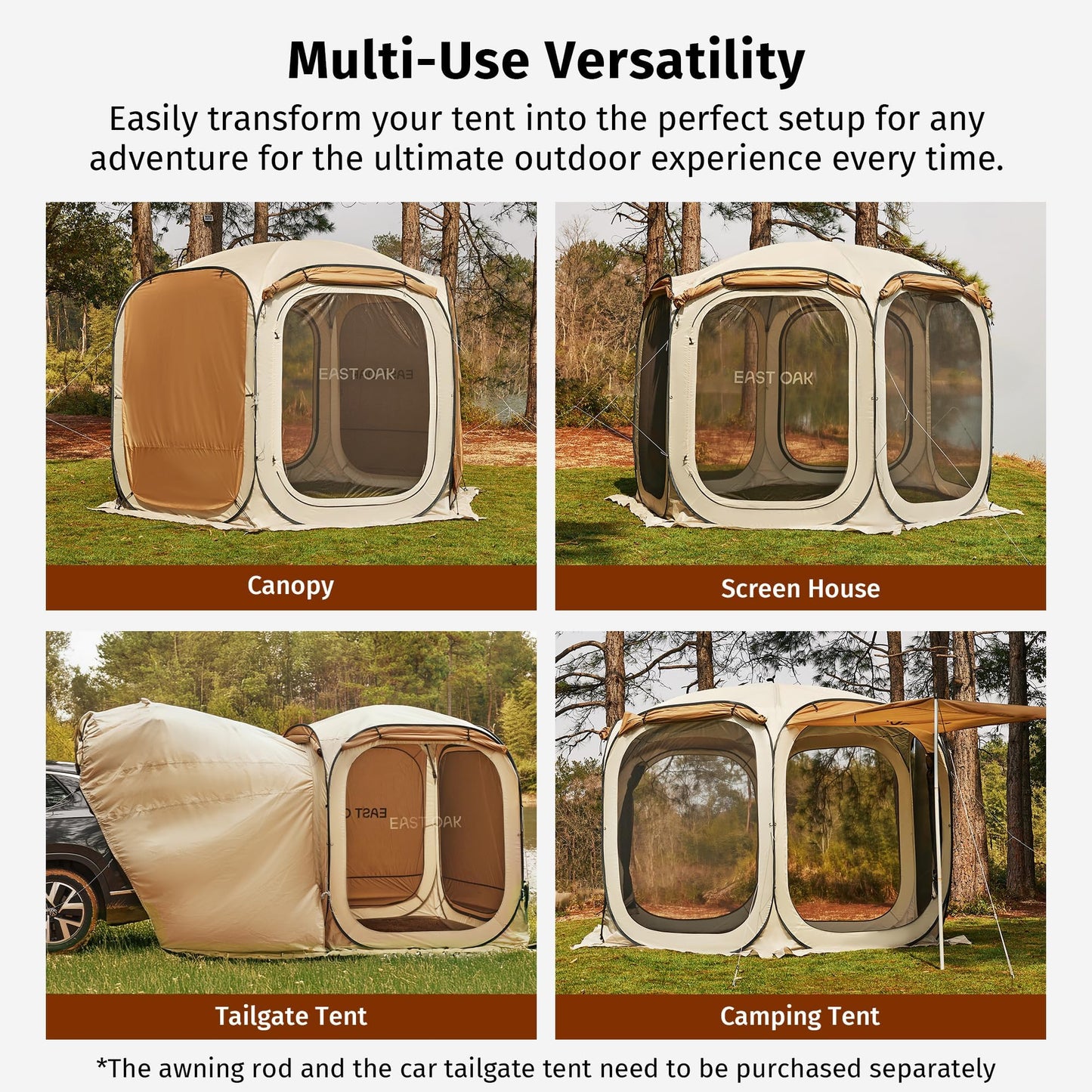 East Oak 10×10 FT Pop Up Canopy Tent with Mesh Walls | Outdoor Screen House with 6 Sunshades | Waterproof Gazebo with Carry Bag | Portable Shelter for Camping, Patio, and Beach | Beige
