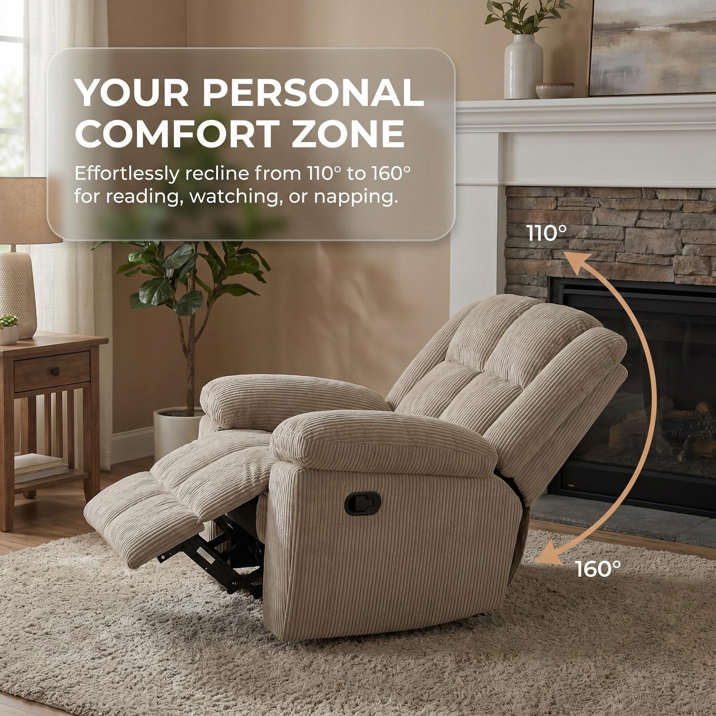Trygoal Manual Recliner Chair, Nursery Rocking Chair, Lazy Boy Recliner Chair for Adults, Gaming Recliner wih Overstuffed Arms, Suitable for Home Theater, Living Room, Bedroom, Beige