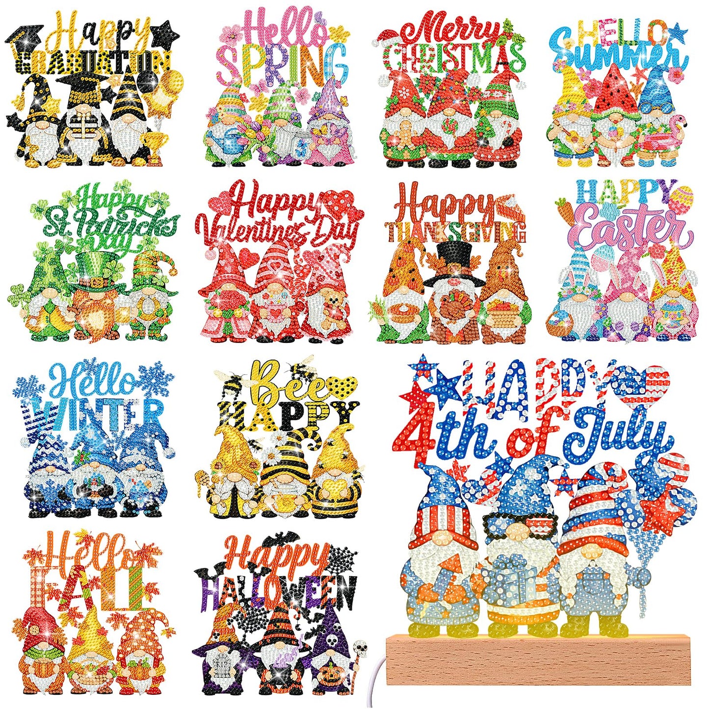 Chunful 13 Pcs Gnome Interchangeable Seasonal Diamond Art Tabletop Holiday Diamond Art Painting Kit with Wooden Light Base for Home Office Tiered Tray Tabletop Decor DIY Crafts Gifts