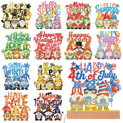 Chunful 13 Pcs Gnome Interchangeable Seasonal Diamond Art Tabletop Holiday Diamond Art Painting Kit with Wooden Light Base for Home Office Tiered Tray Tabletop Decor DIY Crafts Gifts