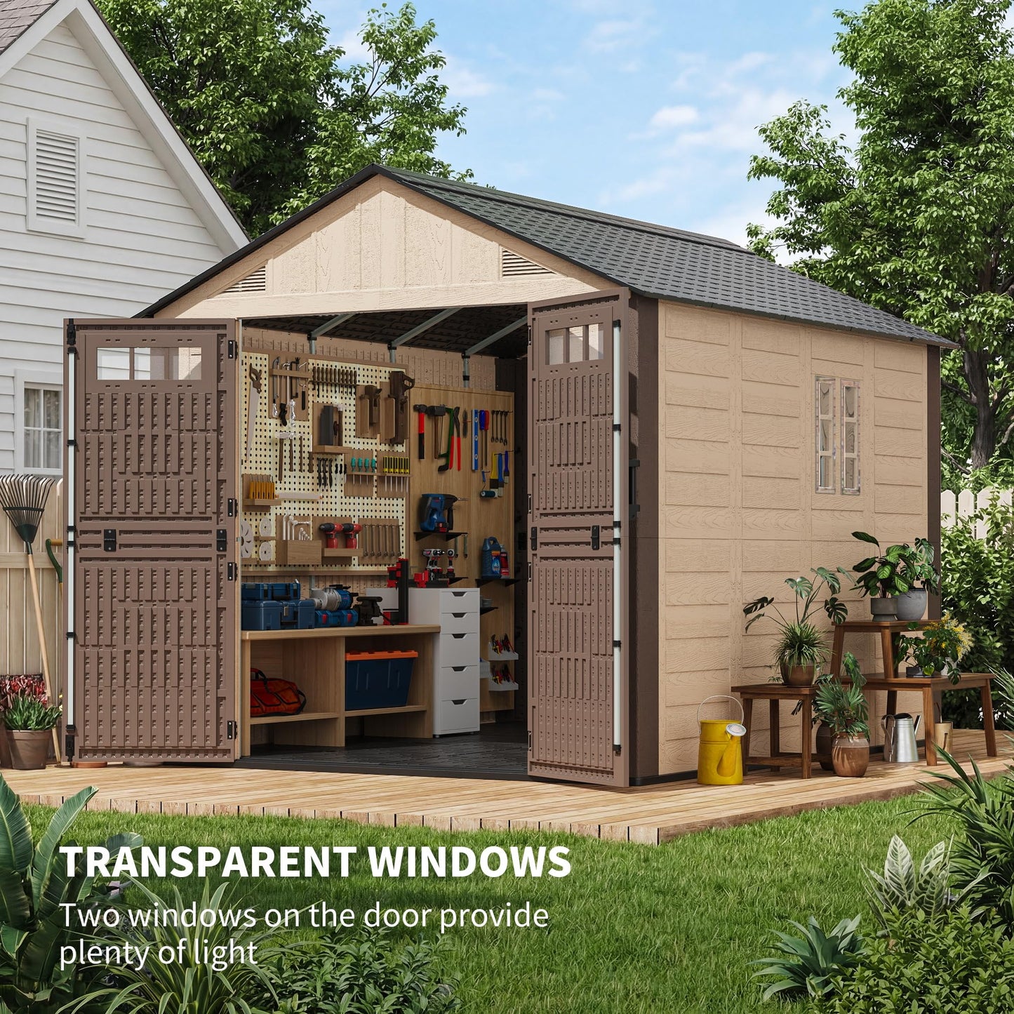 AirWire 8x10 FT Outdoor Resin Storage Shed, Plastic Shed with Floor, Door,Window &Vents, Extra Thick Outdoor Resin Shed for Patio, Backyard, Beige
