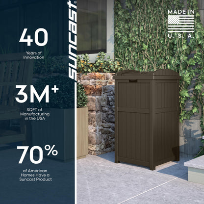 Suncast 33 Gallon Durable resin Hideaway Outdoor Garbage Can with Secure Lid and Wicker Design for Home Backyards, Decks, or Patios, Java Brown