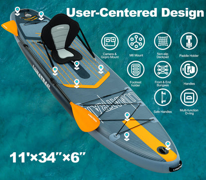 【11'×34"】 Extra Long/Extra Wide Premium Inflatable Stand Up Paddle Board (SUP) – Portable & Lightweight for Yoga, Surfing, Family Fun | Complete Kit with Paddle, Pump, Bag | Durable Design