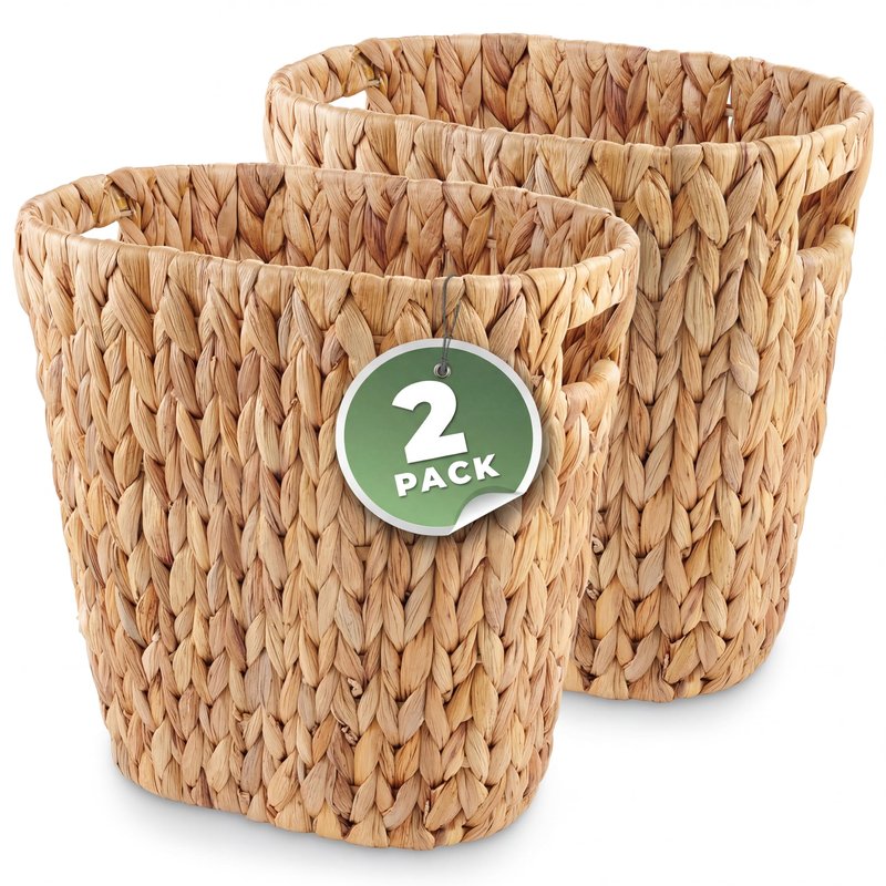 84ECO 2-Pack Oval Wicker Trash Cans – Rattan Trash Can - Wicker Waste Basket for Bathroom, Bedroom, Office - Decorative Waste Basket (Natural Hyacinth)