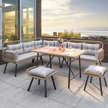 YITAHOME Patio Wicker L-Shaped Furniture Set, All-Weather Rattan Outdoor Conversation Sofa Set for Backyard Deck with Soft Cushions,Ottomans and Wood-Like Dining Table, Light Brown+Gray