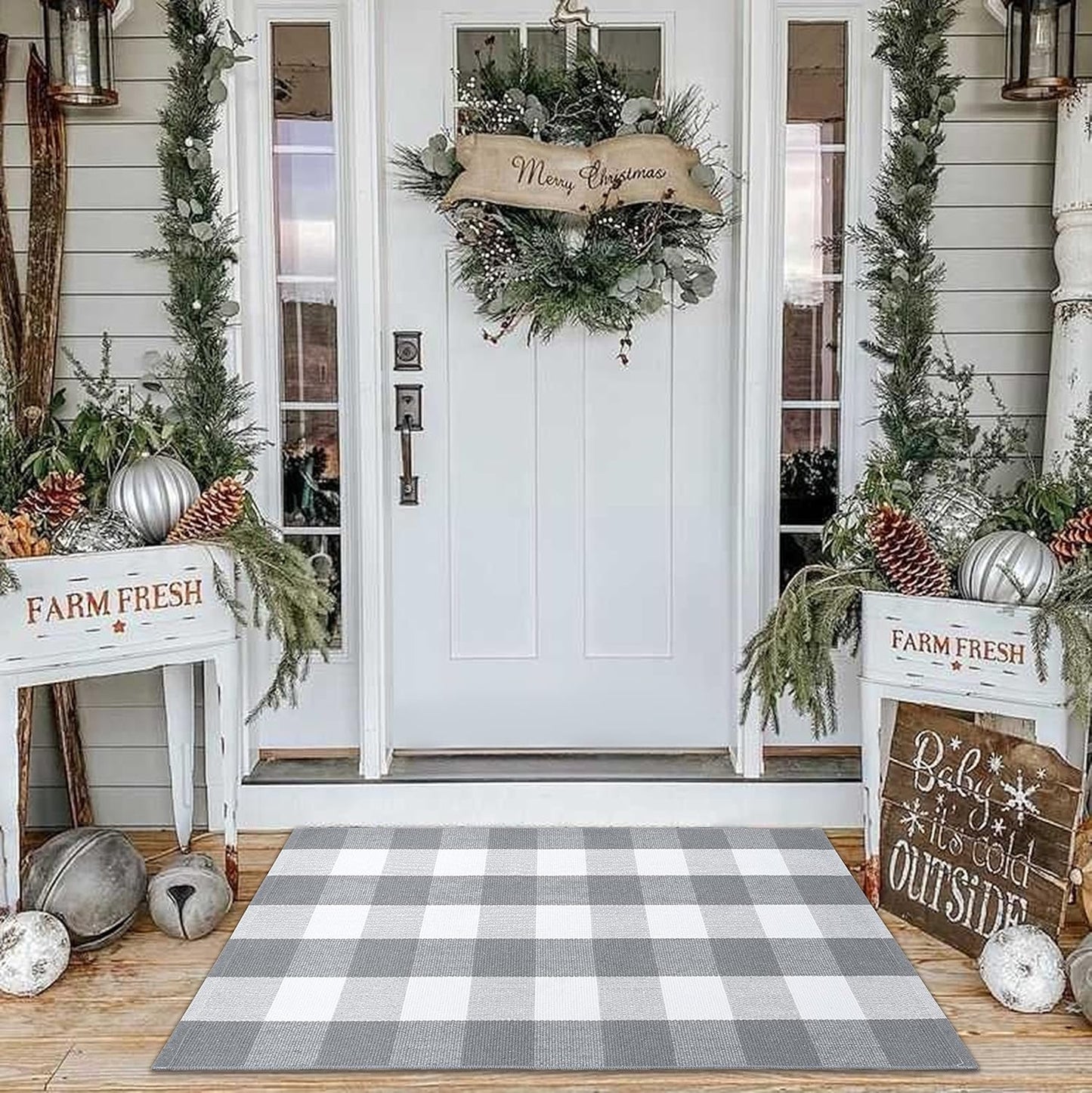 KOZYFLY Buffalo Plaid Rug 27.5x43 Inches, Grey and White Hand Woven Cotton Washable Indoor Rug