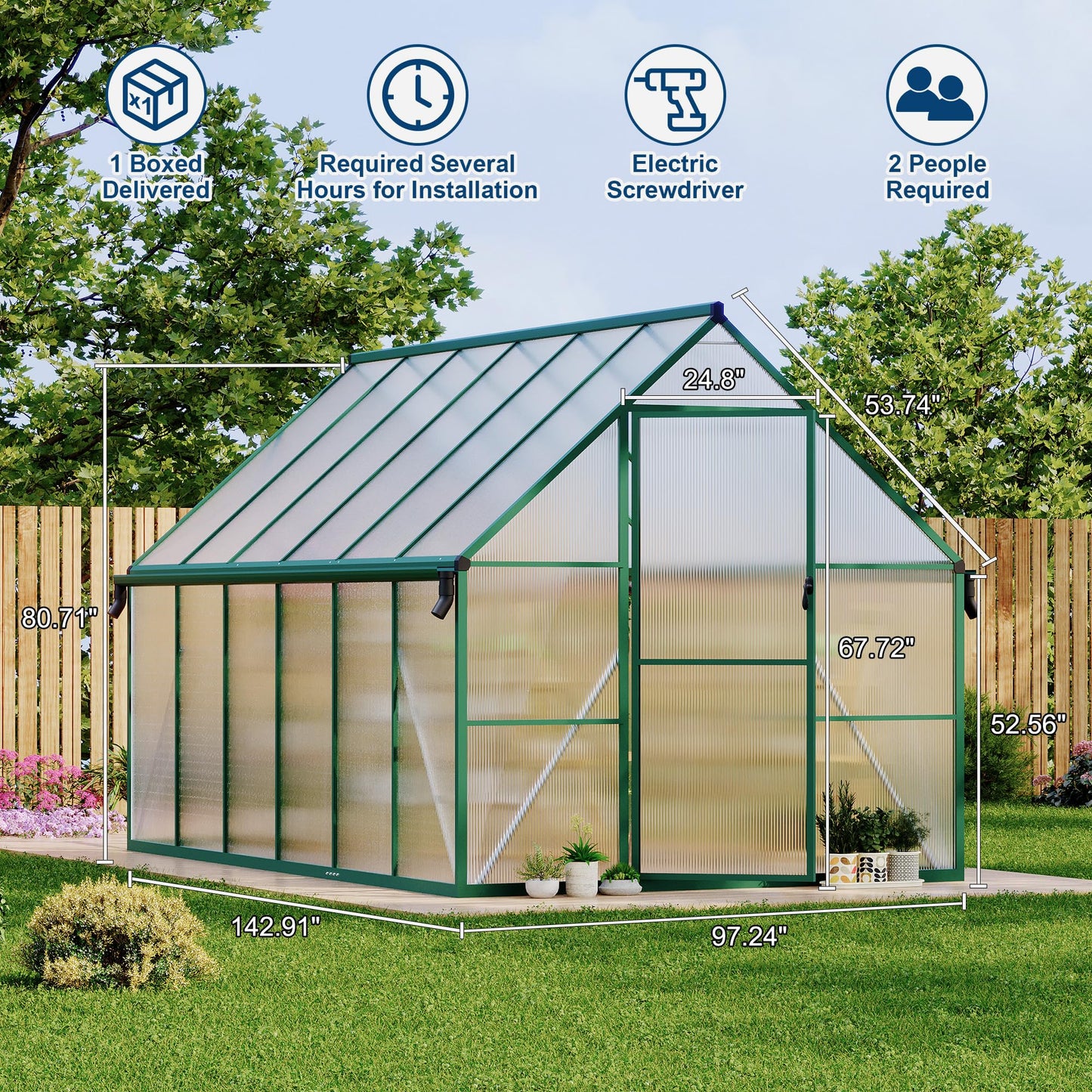 Polycarbonate Greenhouse for Outdoors, Large Walk-InGreenhouse with Quick Setup Structure and Roof Vent, Greenhouse with Ventilation