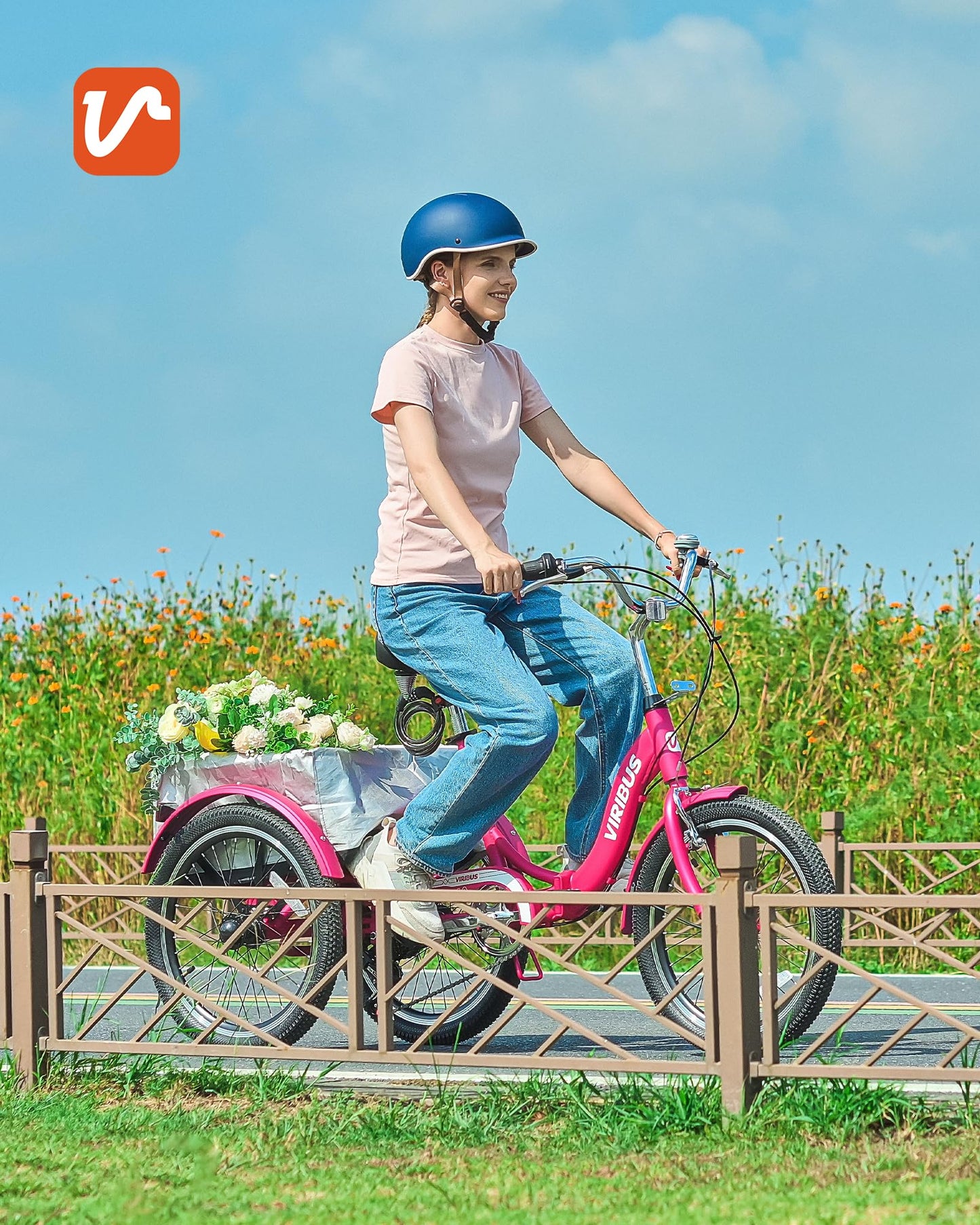 VIRIBUS Folding Tricycle for Adults, 7 Speed 20 Inch Mini Foldable 3 Wheel Bikes for Women Seniors with Dual Chain & Low Step-Through Frame, Collapsible Trike with Cargo Basket, 330 lbs, Hot Pink