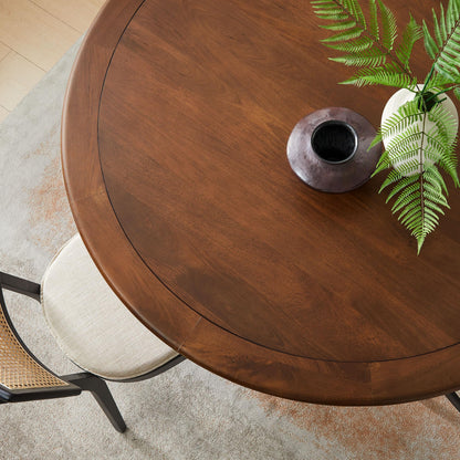 Modway Lippa 60 Inch Round Wood Dining Table with Metal Pedestal in Brass Walnut - Modern Industrial Dining Table for 6 People - Solid Wood Tulip Kitchen Table