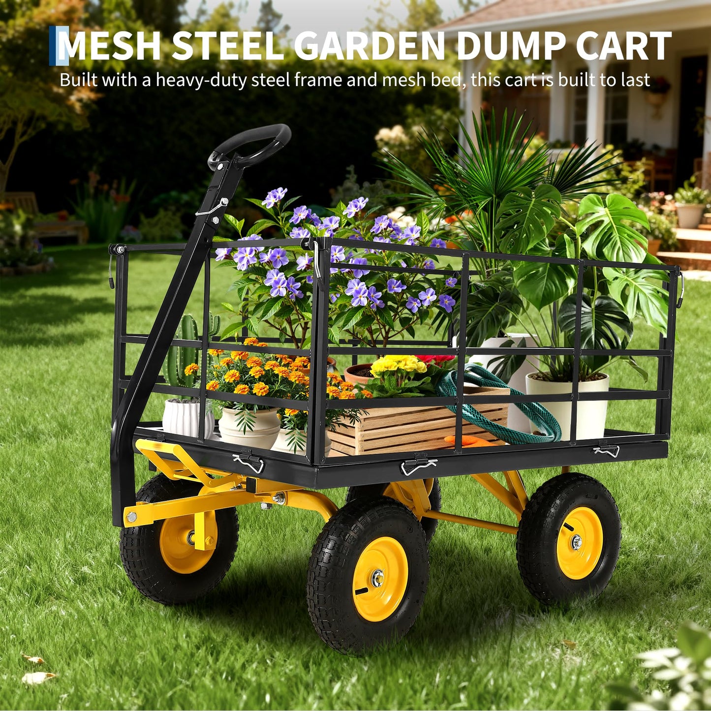 Patikuin 1500 lbs Heavy Duty Steel Garden Cart – Removable Mesh Sides – 13-Inch All-Terrain Wheels – Swivel Yellow Handlebar – Quick Dump – Folding Utility Yard Wagon for Soil, Tools, Plants – Black