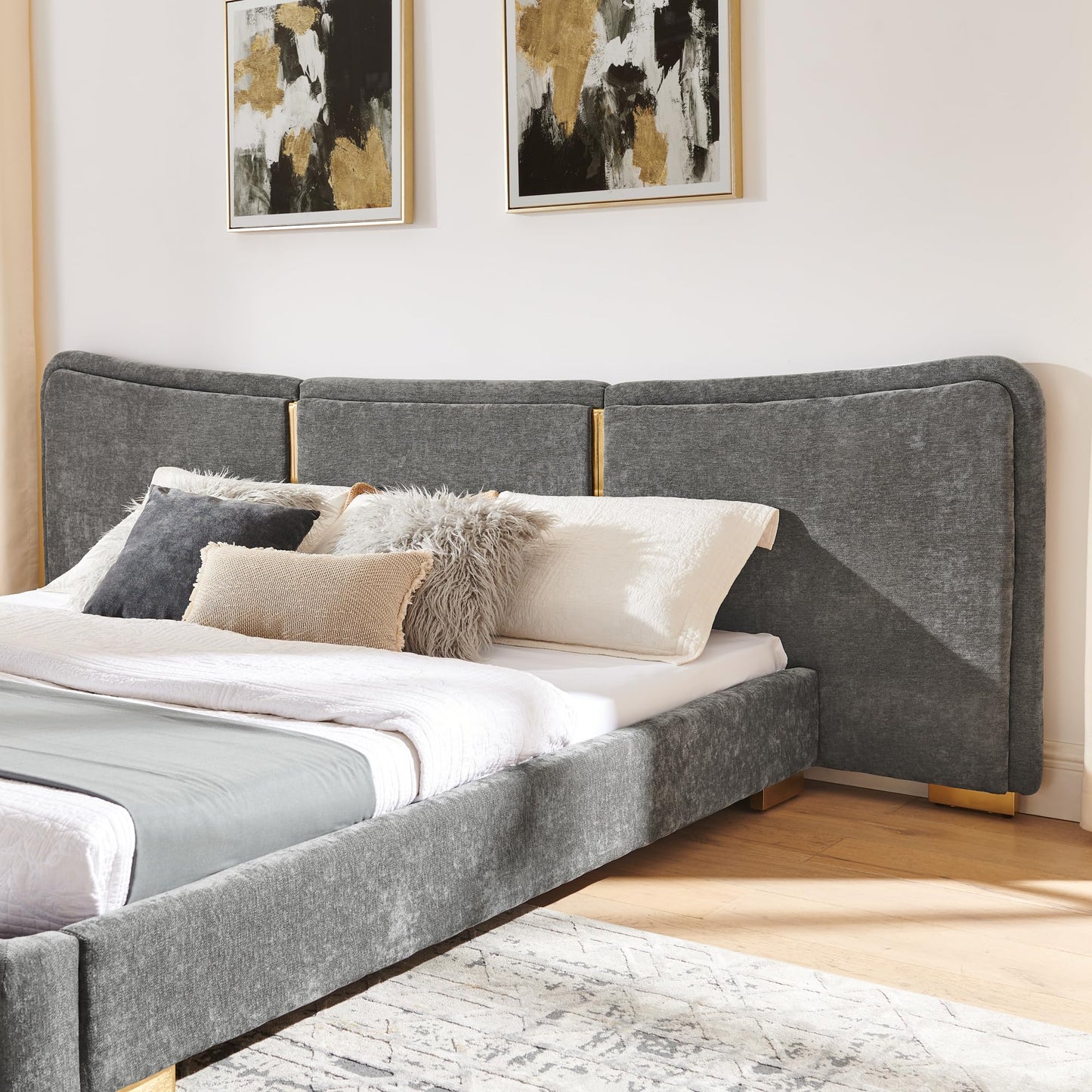 KEIKI King Size Platform Bed Frame Modern Upholstered with Curved Headboard, Chenille Fabric and Electroplated Metal Legs, No Box Spring Needed, Flexible DIY Side Space Design, Dark Gray