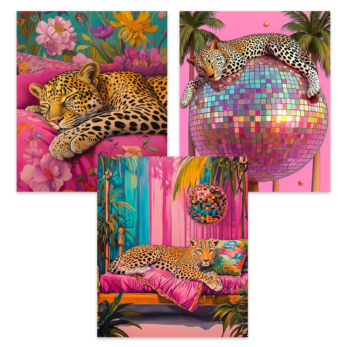 Kemingni 3 Pack Sleeping Leopard Diamond Painting Kit, Maximalist Funky Disco Ball Leopard Diamond Art Kits for Adults Beginners, Full Drill Gem Painting for Home Wall Decor, 9.8x11.8 Inch