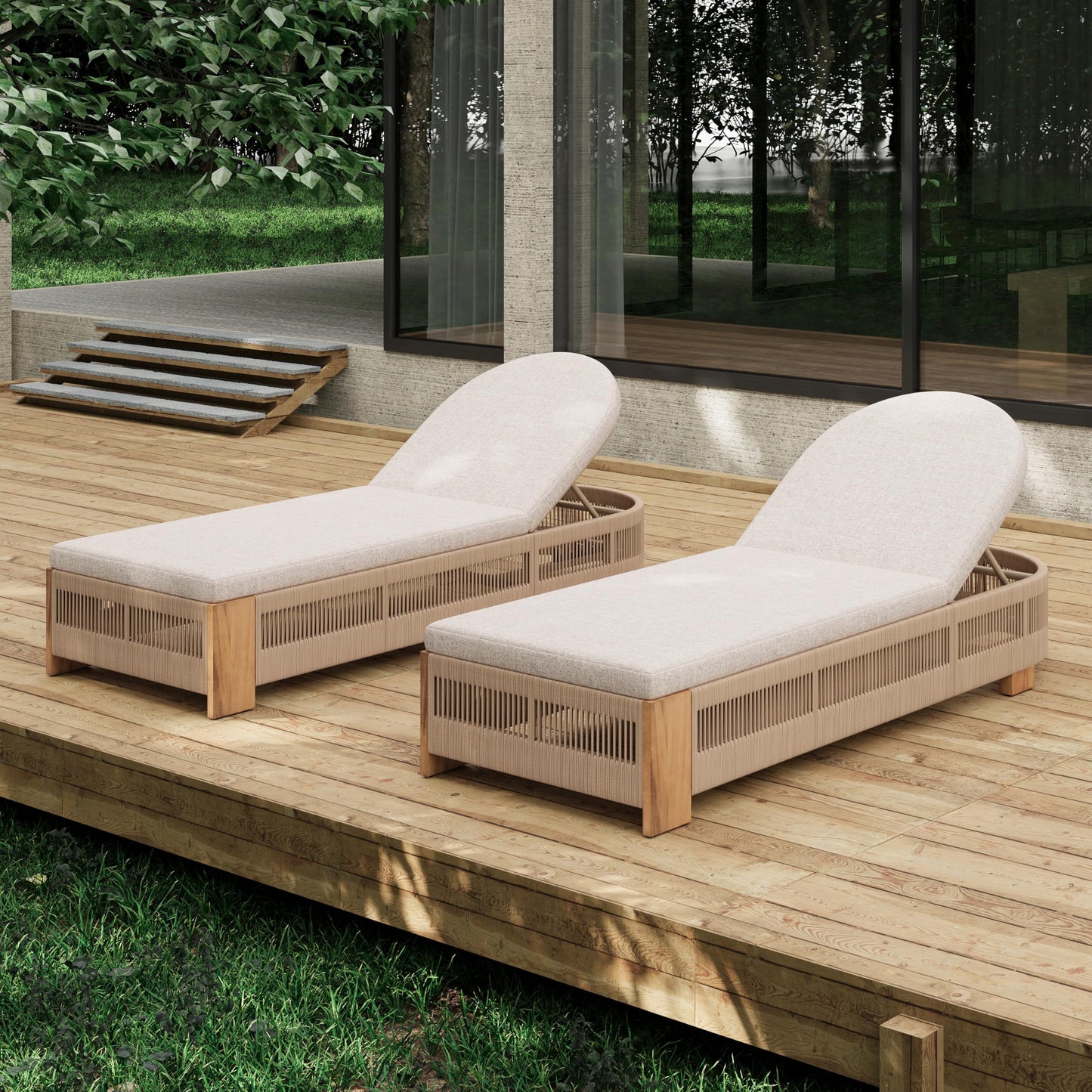 Merax 2-Piece Outdoor Chaise Lounge Chair with Adjustable Backrest & Waterproof Cushion - Acacia Wood Pool Sun Lounger for Patio, Beach, Yard, Garden, Beige
