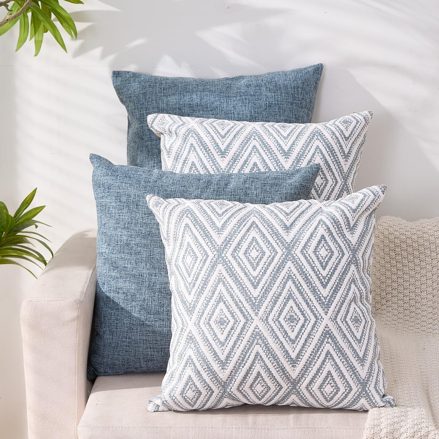 HPUK Decorative Throw Pillow Covers Set of 4 Square Couch Pillows Linen Cushion Cover for Couch Sofa Living Room, 18"x18" inches, Blue