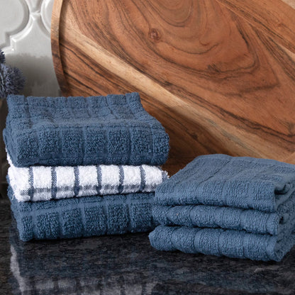 Ritz Premium Kitchen Towel and Dish Cloth Value Set: Highly Absorbent, Super Soft, Long-Lasting, 100% Cotton Checked and Solid Hand Towels, Tea Towels, Bar Towels - 6 Pack, Federal Blue