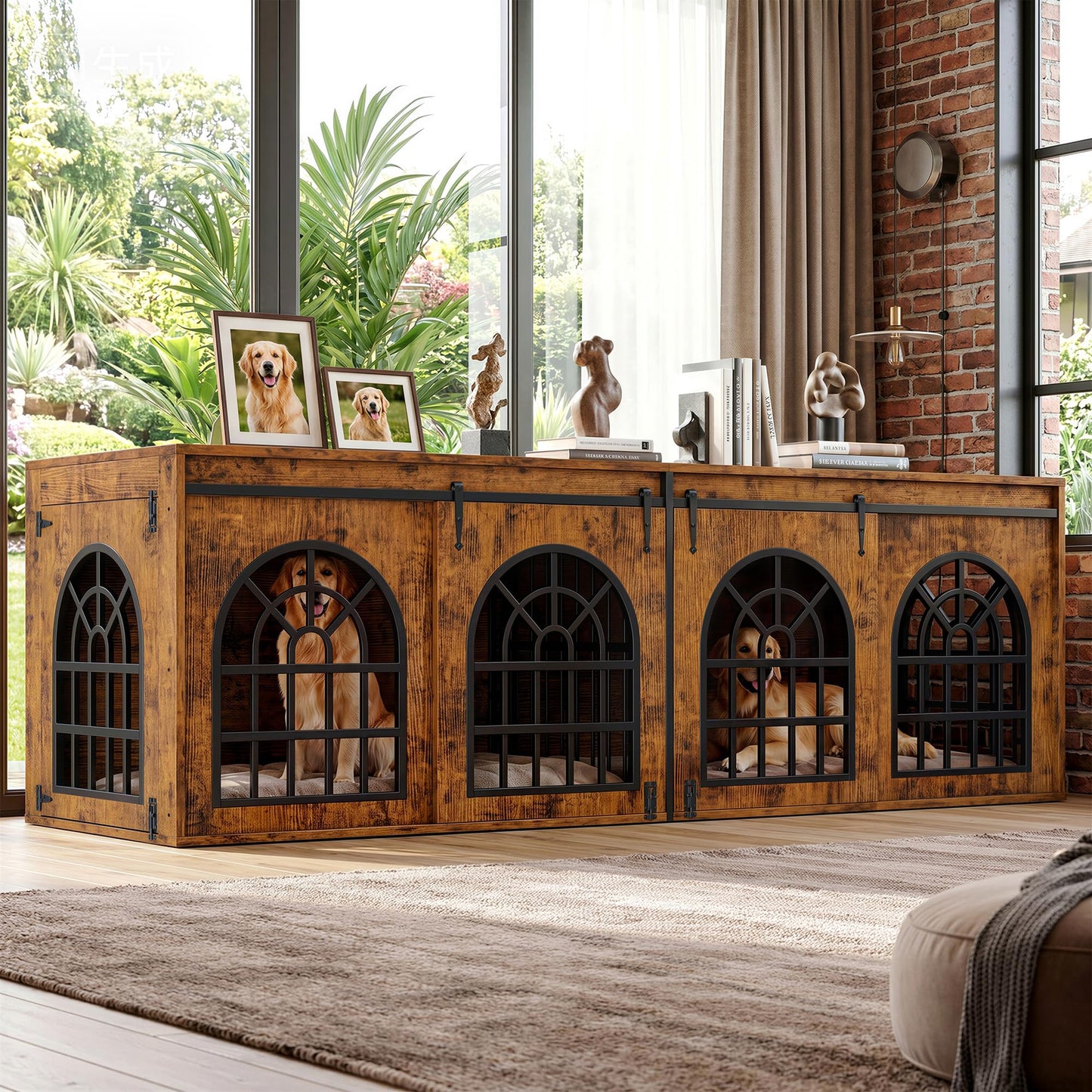 IRONCK 90.2" Double Room Dog Crate Furniture with Sliding Doors– Heavy Duty Wooden Dog Kennel with Hinged Divider, TV Stand & End Table for Large to Medium Dogs, Brown (Brown)